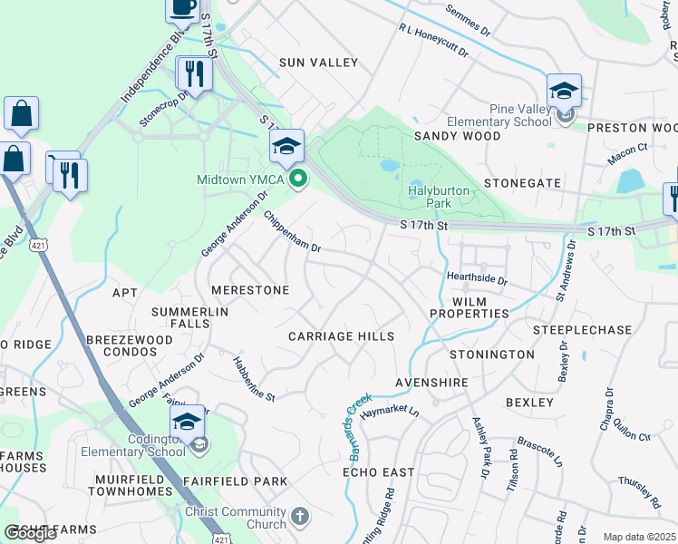 map of restaurants, bars, coffee shops, grocery stores, and more near 3704 Providence Court in Wilmington