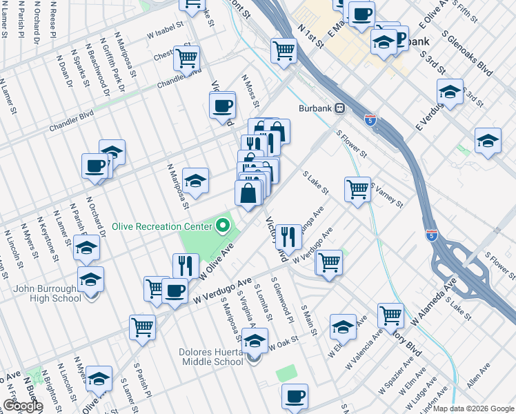 map of restaurants, bars, coffee shops, grocery stores, and more near 101 North Victory Boulevard in Burbank