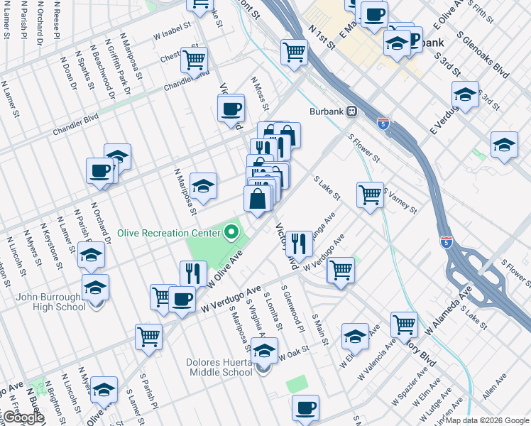 map of restaurants, bars, coffee shops, grocery stores, and more near 101 North Victory Boulevard in Burbank