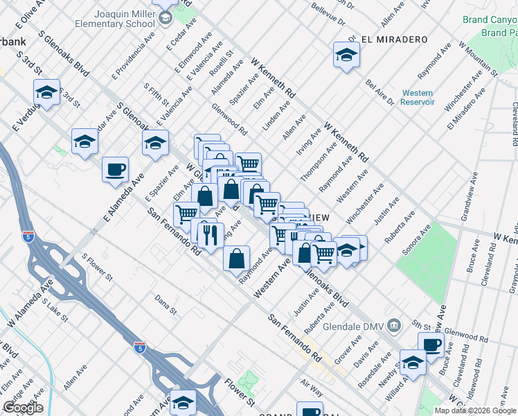 map of restaurants, bars, coffee shops, grocery stores, and more near 1807 West Glenoaks Boulevard in Glendale