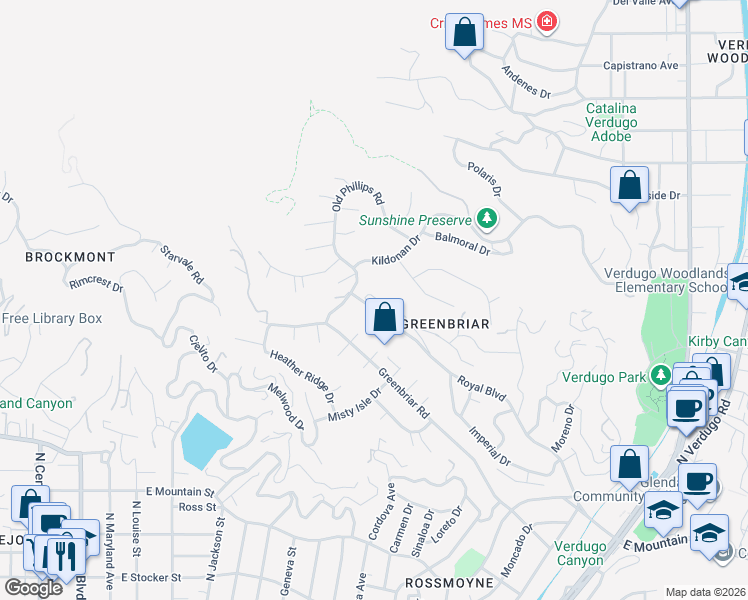 map of restaurants, bars, coffee shops, grocery stores, and more near 1728 Royal Boulevard in Glendale