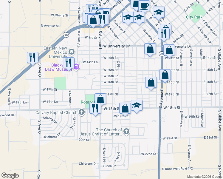 map of restaurants, bars, coffee shops, grocery stores, and more near 927 West 16th Lane in Portales