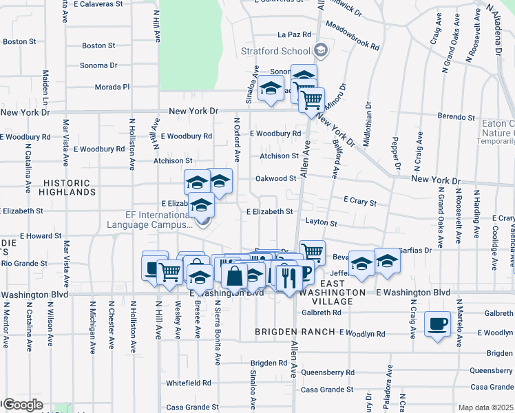 map of restaurants, bars, coffee shops, grocery stores, and more near 1601 Sinaloa Avenue in Pasadena