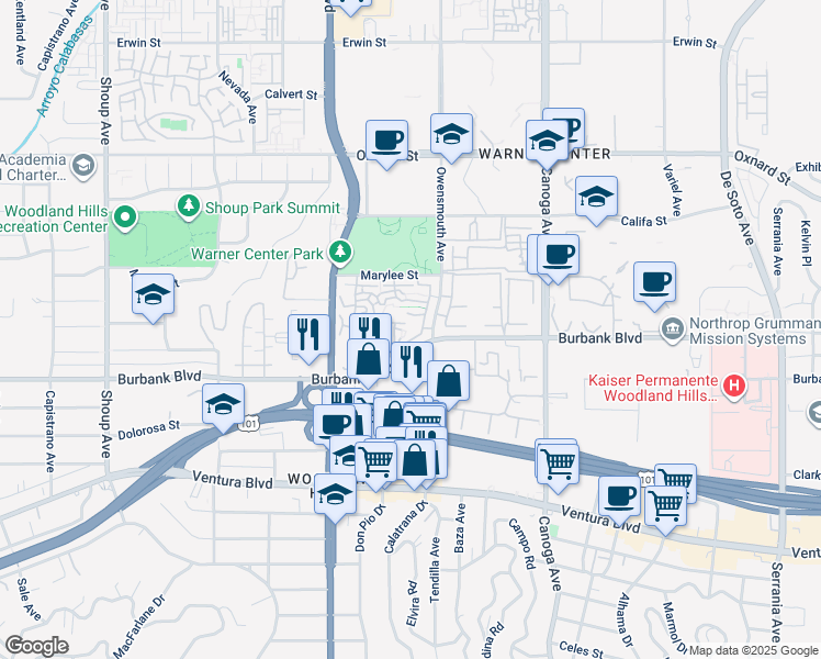 map of restaurants, bars, coffee shops, grocery stores, and more near 5711 Owensmouth Avenue in Los Angeles