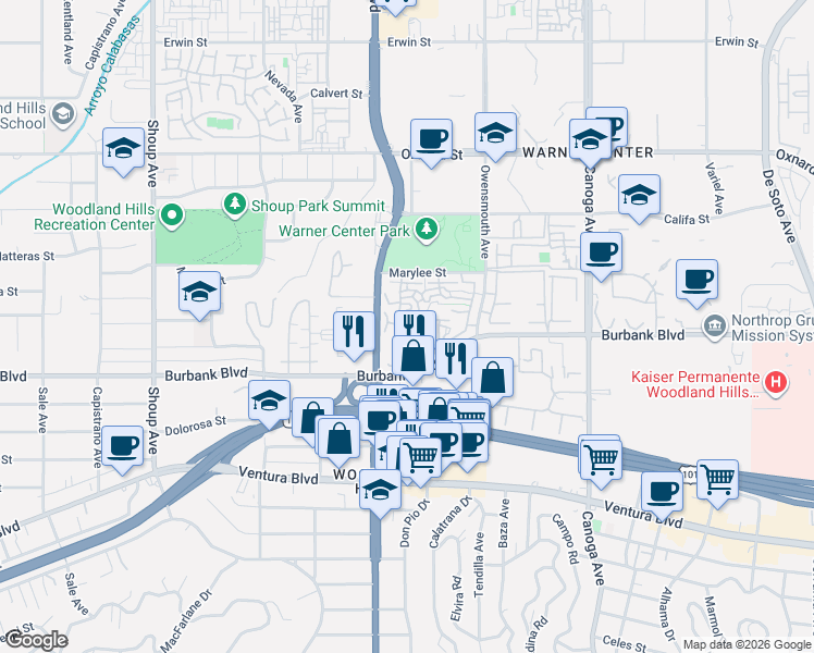 map of restaurants, bars, coffee shops, grocery stores, and more near 21901 Burbank Boulevard in Los Angeles