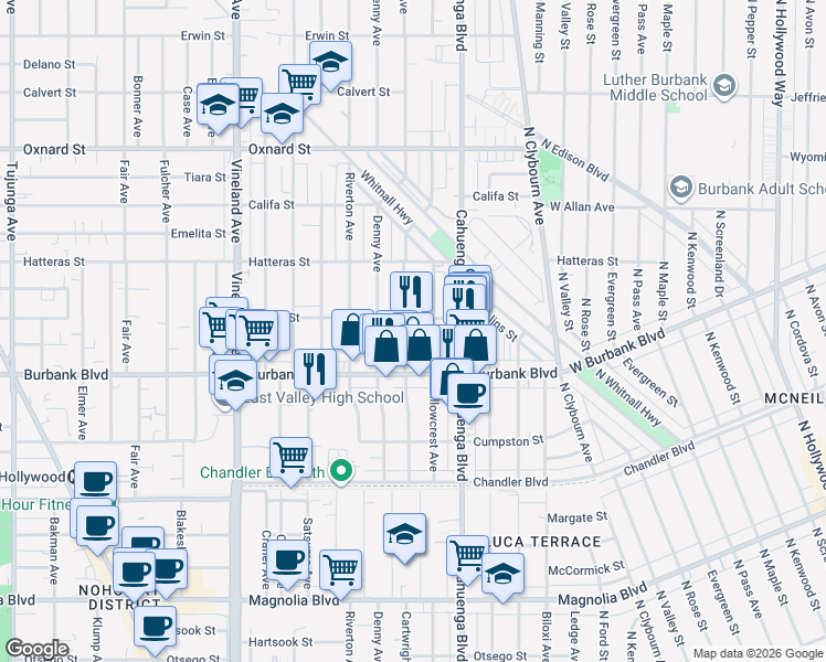 map of restaurants, bars, coffee shops, grocery stores, and more near 5648 Cartwright Avenue in Los Angeles