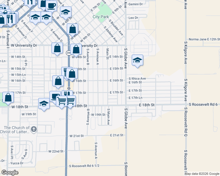 map of restaurants, bars, coffee shops, grocery stores, and more near 1704 South Abilene Avenue in Portales