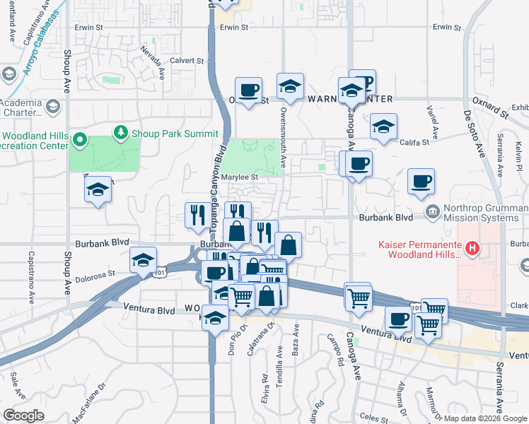 map of restaurants, bars, coffee shops, grocery stores, and more near 99 Burbank Boulevard in Los Angeles