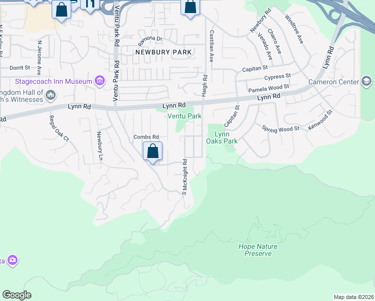 map of restaurants, bars, coffee shops, grocery stores, and more near 304 South McKnight Road in Ventura County