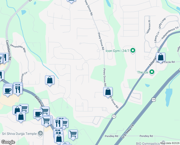 map of restaurants, bars, coffee shops, grocery stores, and more near 5745 Sterling Court in Cumming