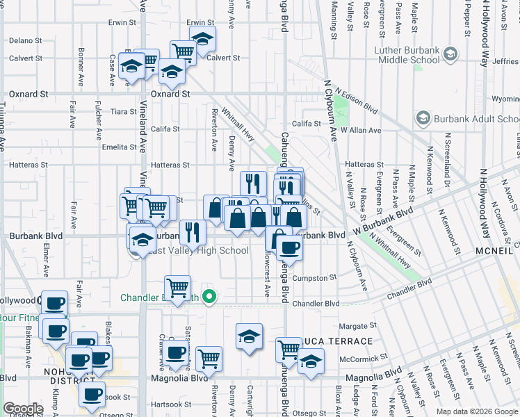 map of restaurants, bars, coffee shops, grocery stores, and more near 5626 Cartwright Avenue in Los Angeles