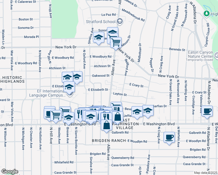 map of restaurants, bars, coffee shops, grocery stores, and more near 1601 Allen Avenue in Pasadena