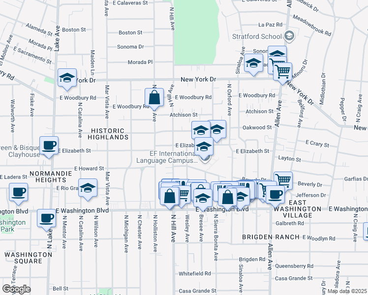 map of restaurants, bars, coffee shops, grocery stores, and more near 1454 East Elizabeth Street in Pasadena