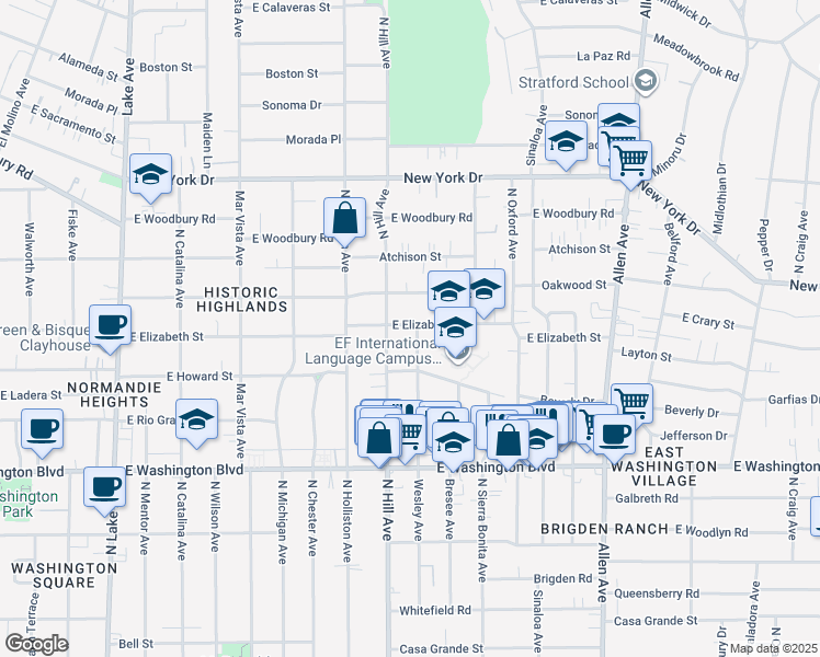 map of restaurants, bars, coffee shops, grocery stores, and more near 1454 East Elizabeth Street in Pasadena
