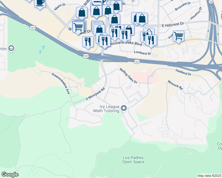 map of restaurants, bars, coffee shops, grocery stores, and more near 126 Shady Grove Lane in Thousand Oaks