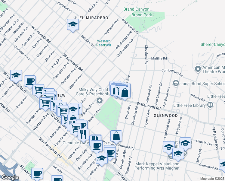 map of restaurants, bars, coffee shops, grocery stores, and more near 1315 Sonora Avenue in Glendale