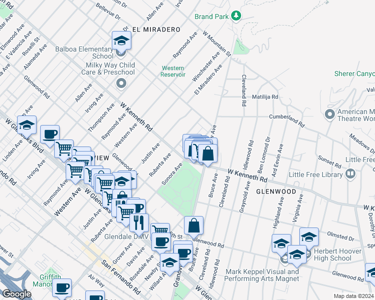 map of restaurants, bars, coffee shops, grocery stores, and more near 1315 Sonora Avenue in Glendale