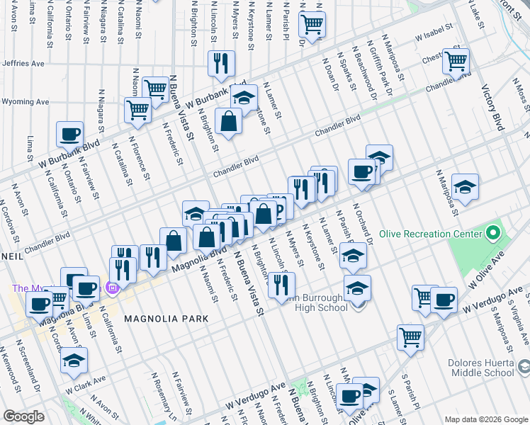 map of restaurants, bars, coffee shops, grocery stores, and more near 724 North Lincoln Street in Burbank