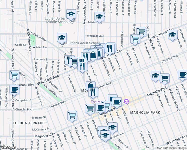 map of restaurants, bars, coffee shops, grocery stores, and more near 1301 North Avon Street in Burbank