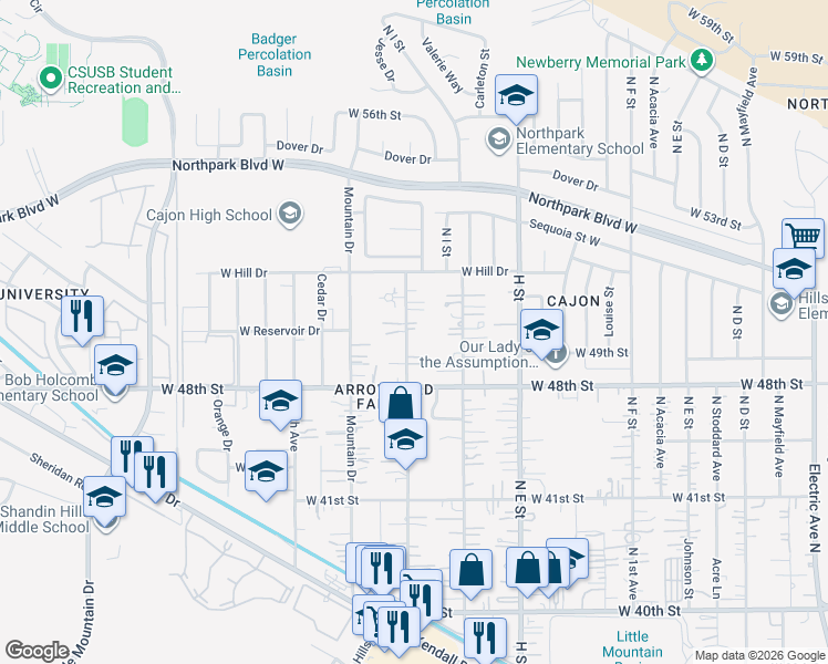 map of restaurants, bars, coffee shops, grocery stores, and more near 4255 North 3rd Avenue in San Bernardino County
