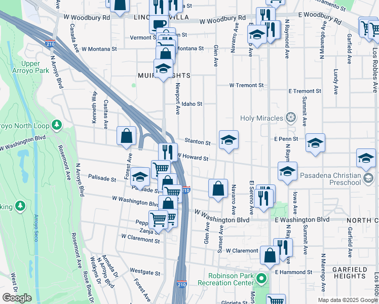 map of restaurants, bars, coffee shops, grocery stores, and more near 350 West Howard Street in Pasadena