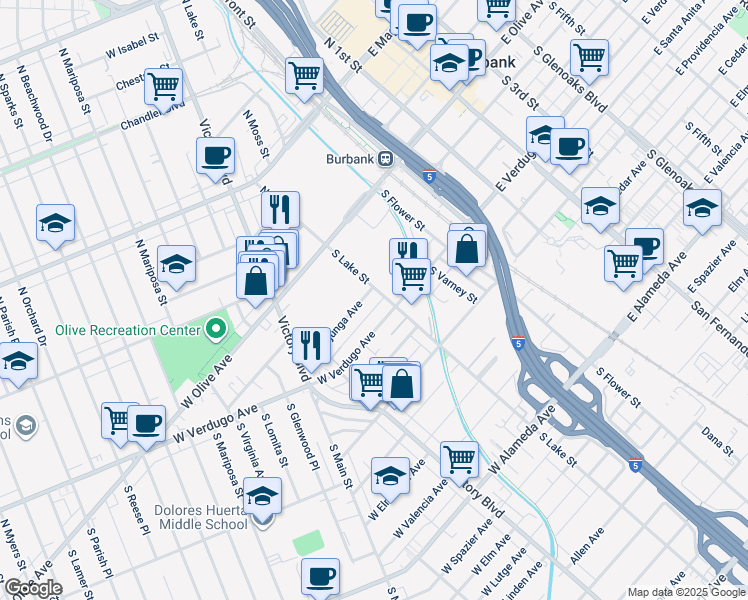 map of restaurants, bars, coffee shops, grocery stores, and more near 226 West Tujunga Avenue in Burbank