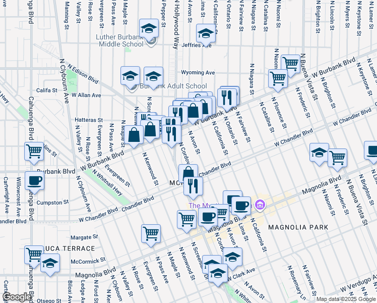 map of restaurants, bars, coffee shops, grocery stores, and more near 1233 North Cordova Street in Burbank