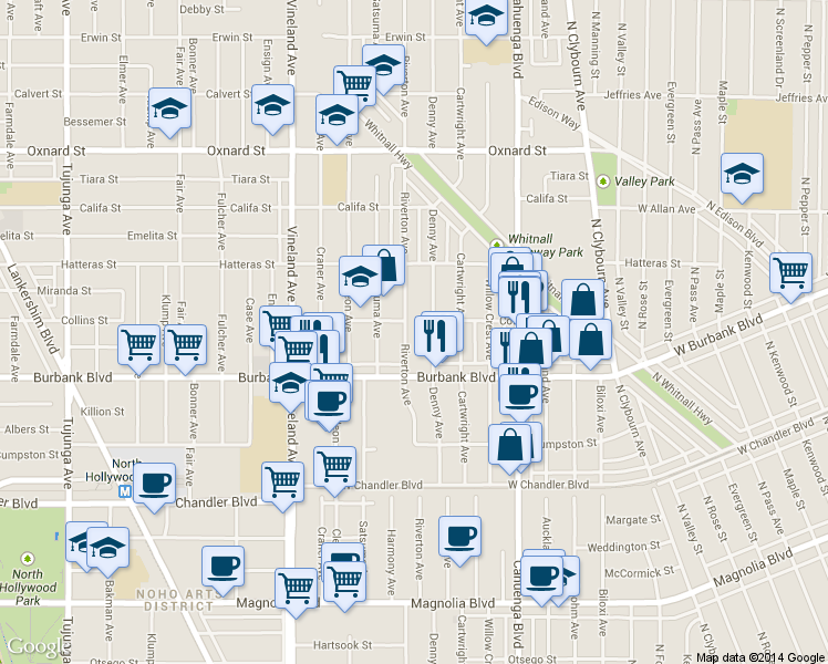 map of restaurants, bars, coffee shops, grocery stores, and more near 5627 Denny Avenue in Los Angeles