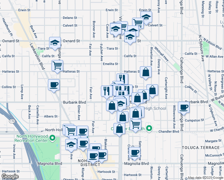 map of restaurants, bars, coffee shops, grocery stores, and more near 11009 Burbank Boulevard in Los Angeles