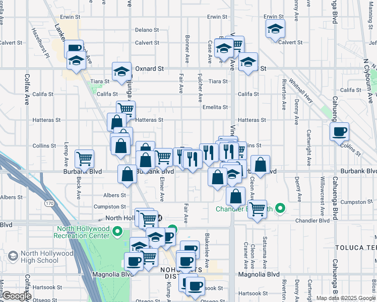 map of restaurants, bars, coffee shops, grocery stores, and more near 5624 Fair Avenue in Los Angeles