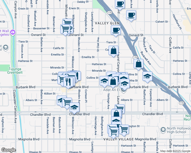 map of restaurants, bars, coffee shops, grocery stores, and more near 12300 Collins Street in Los Angeles