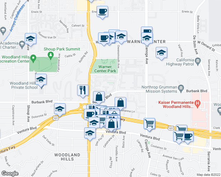 map of restaurants, bars, coffee shops, grocery stores, and more near 99 Burbank Boulevard in Los Angeles