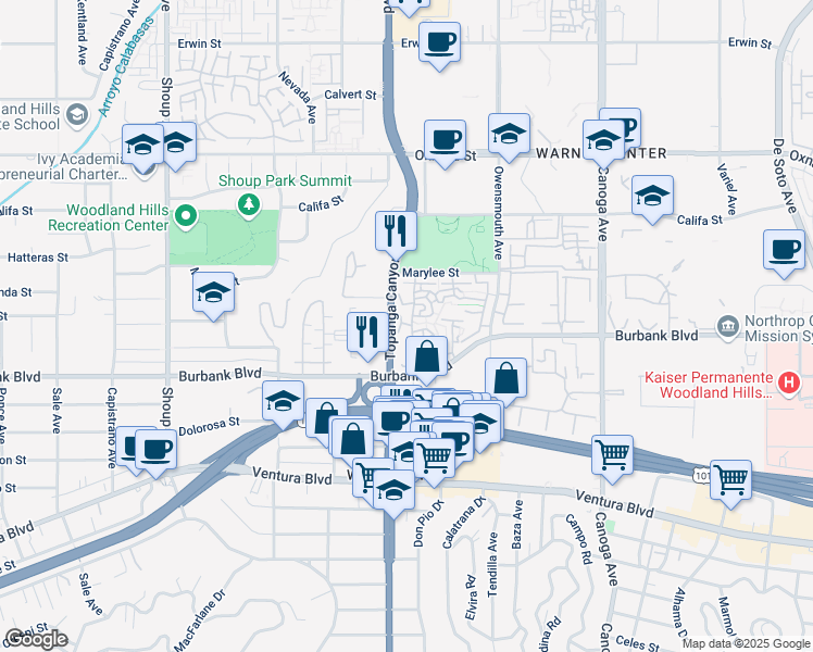 map of restaurants, bars, coffee shops, grocery stores, and more near 21931 Burbank Boulevard in Los Angeles