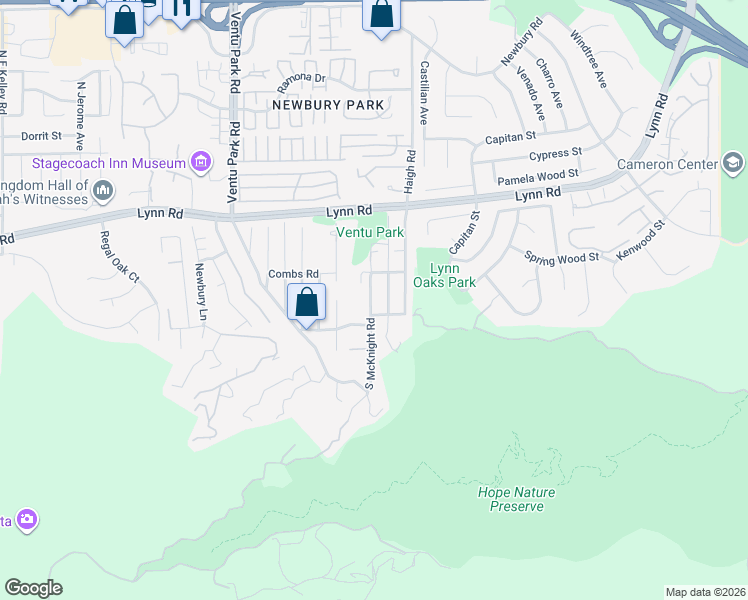 map of restaurants, bars, coffee shops, grocery stores, and more near 304 South McKnight Road in Ventura County