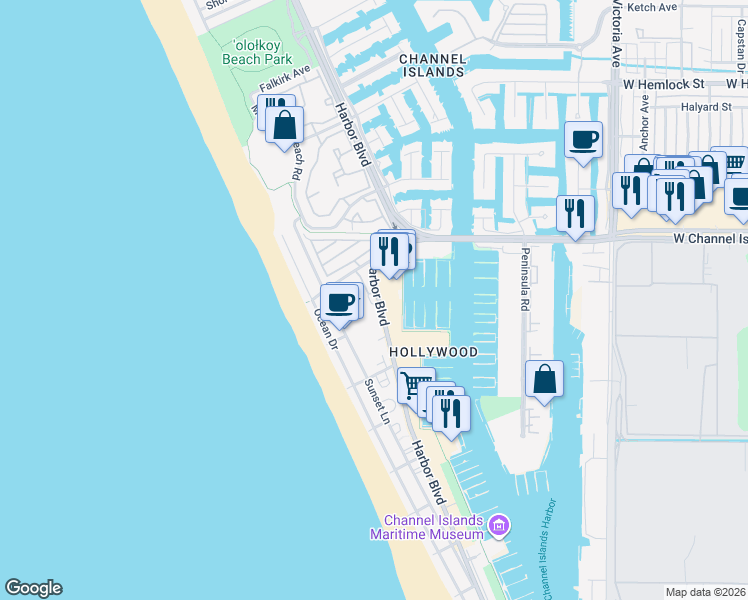 map of restaurants, bars, coffee shops, grocery stores, and more near 2941 Harbor Boulevard in Oxnard