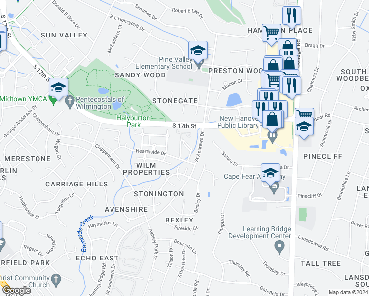map of restaurants, bars, coffee shops, grocery stores, and more near 1507 Marblehead Court in Wilmington