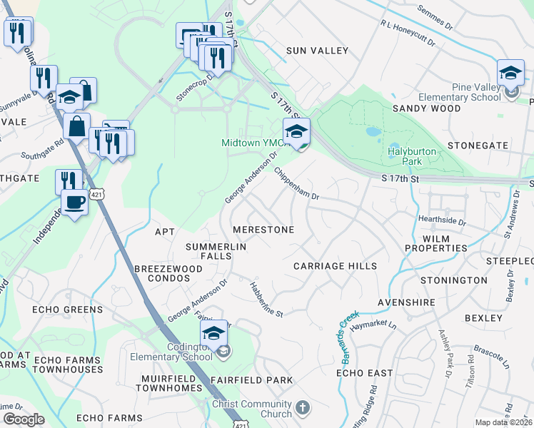 map of restaurants, bars, coffee shops, grocery stores, and more near 3716 Merestone Drive in Wilmington