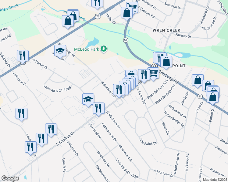 map of restaurants, bars, coffee shops, grocery stores, and more near 1013-1099 South Santiago Drive in Florence