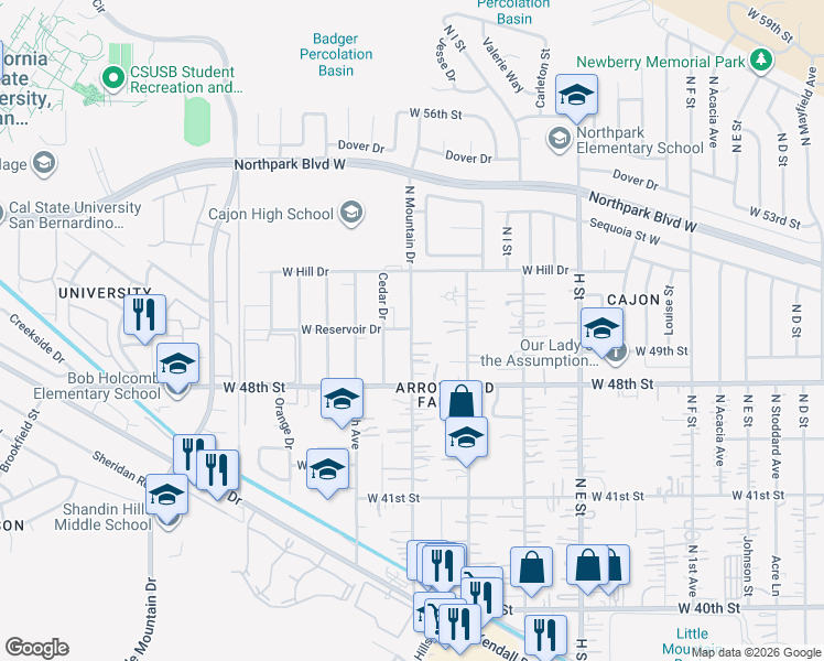 map of restaurants, bars, coffee shops, grocery stores, and more near 4238 Mountain Drive in San Bernardino County