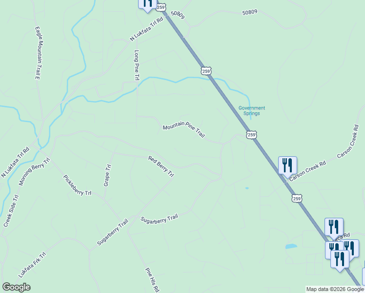 map of restaurants, bars, coffee shops, grocery stores, and more near 135 Mountain Pine Trail in Broken Bow