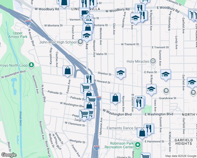 map of restaurants, bars, coffee shops, grocery stores, and more near 343 West Howard Street in Pasadena
