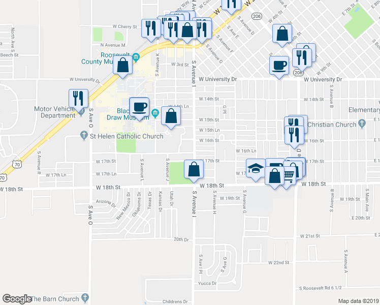 map of restaurants, bars, coffee shops, grocery stores, and more near 1016 West 17th Street in Portales
