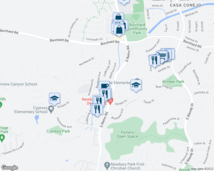 map of restaurants, bars, coffee shops, grocery stores, and more near 207 Maynard Avenue in Thousand Oaks