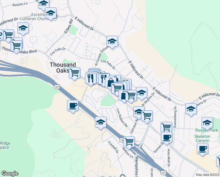 map of restaurants, bars, coffee shops, grocery stores, and more near 3 North Oakview Drive in Thousand Oaks