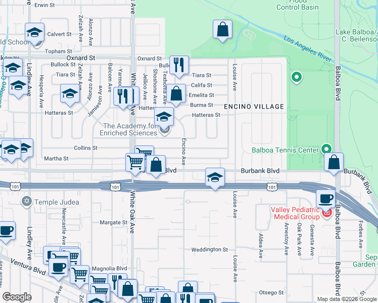 map of restaurants, bars, coffee shops, grocery stores, and more near 17448 Collins Street in Los Angeles