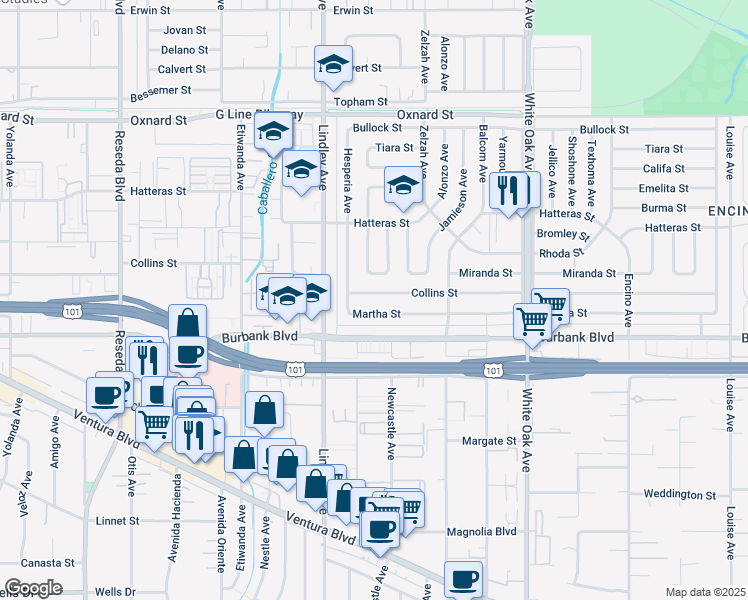 map of restaurants, bars, coffee shops, grocery stores, and more near 18030 Martha Street in Los Angeles