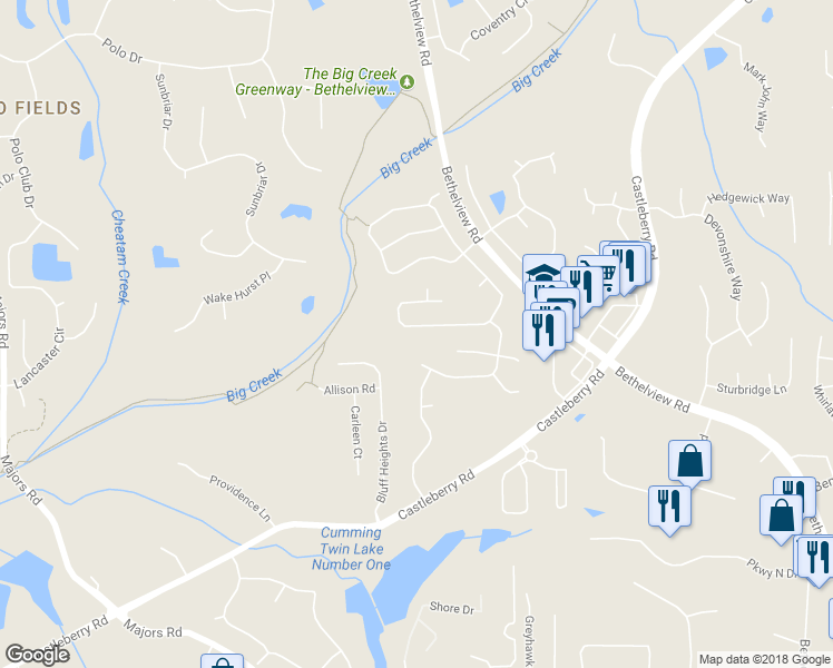 map of restaurants, bars, coffee shops, grocery stores, and more near 5895 Falls Landing Drive in Cumming