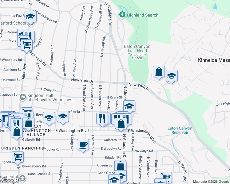 map of restaurants, bars, coffee shops, grocery stores, and more near 1595 Valencia Avenue in Pasadena