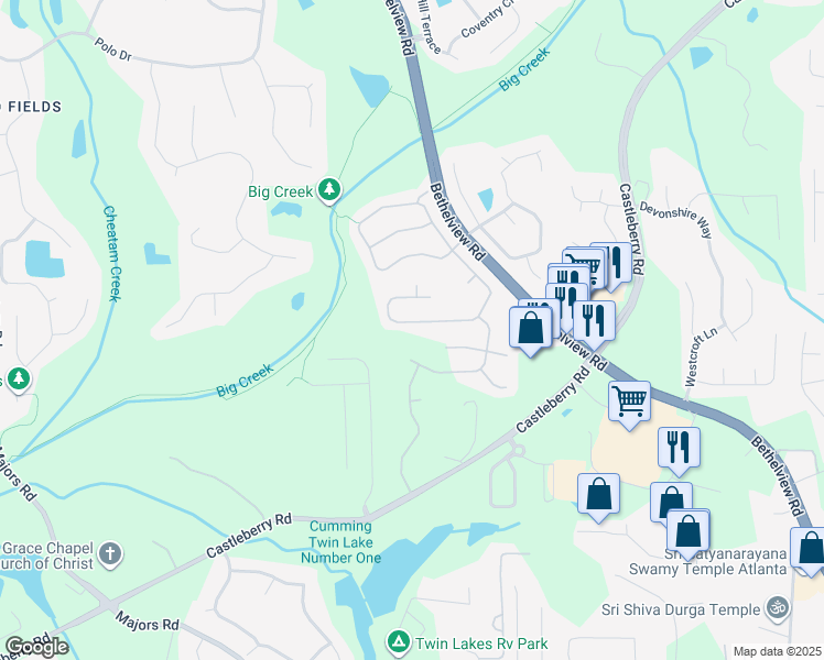 map of restaurants, bars, coffee shops, grocery stores, and more near 5875 Falls Landing Drive in Cumming