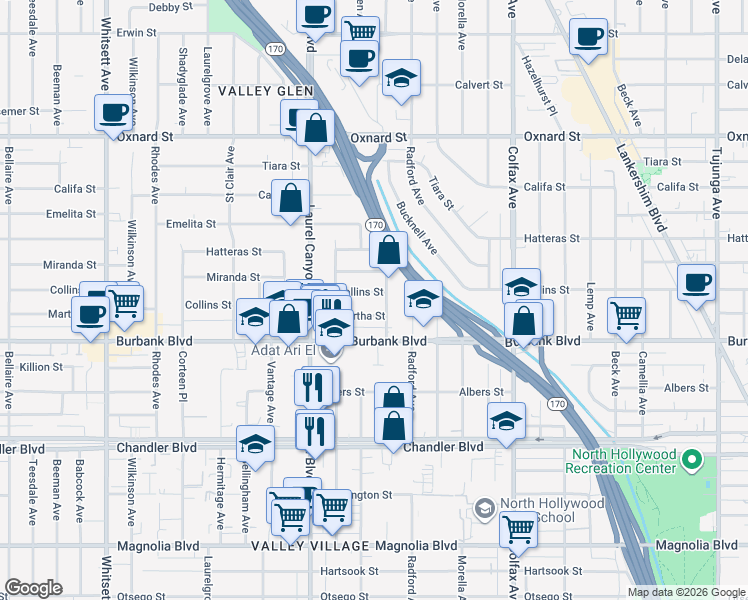 map of restaurants, bars, coffee shops, grocery stores, and more near 11948 Collins Street in Los Angeles